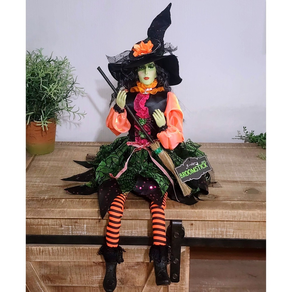 Broomstick Blvd Witch Shelf Sitter Green Face Orange Black Halloween 24" Doll